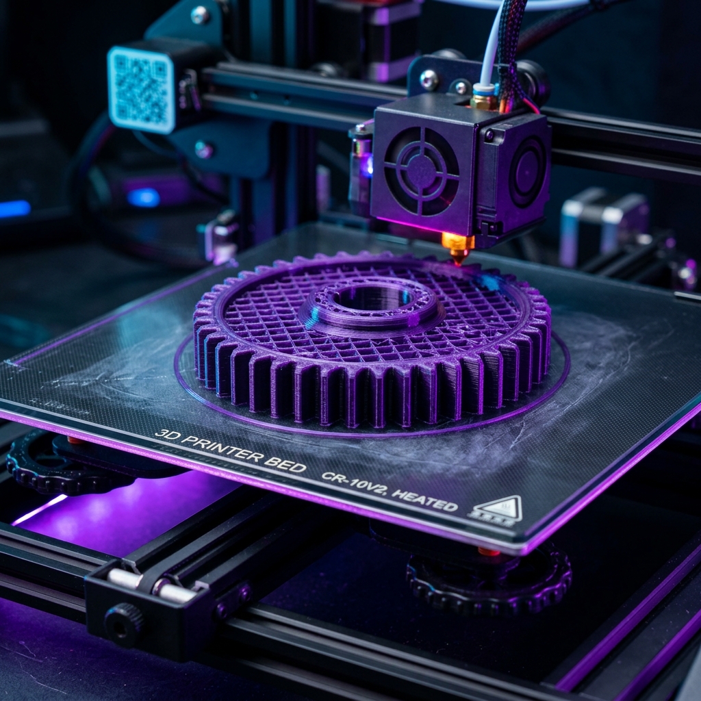 High-strength mechanical gear 3D printed in purple PETG